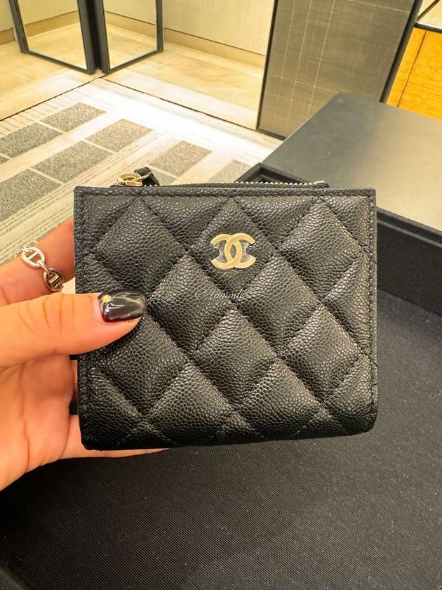 Classic Gold Logo Zipper Half Wallet Black Chanel