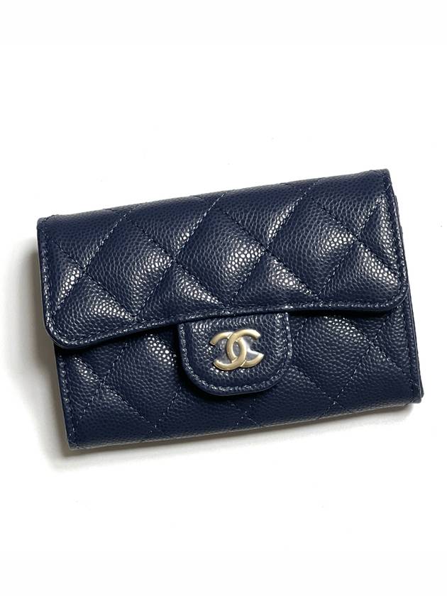 Classic Gold Logo Grained Shiny Calfskin Card Wallet Navy Chanel