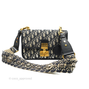Christian Dior Oblique Small DiorAddict Flap Bag Navy Blue Aged Gold Hardware