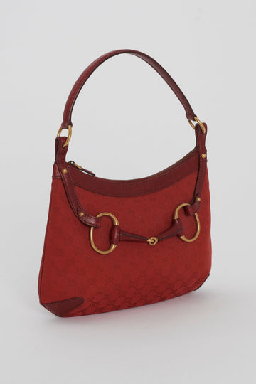 Gucci  Red Monogram Canvas Horse-Bit Hobo Bag