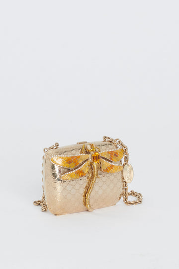 Gold Micro Guccissima Embossed Metal and Enamel Dragonfly Minaudiere Bag