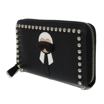 FENDI Long Wallet Purse 8M0299 Calf leather x fur black Studs Karl Lagerfeld Zip Around Wallet Women