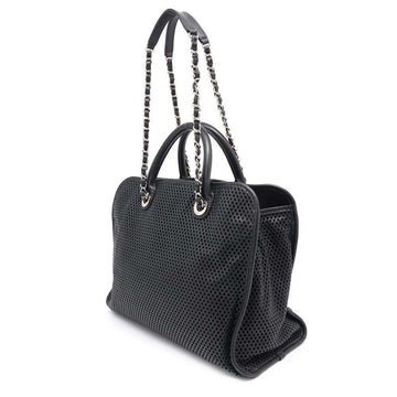 CHANEL French Viera Punching Chain Shoulder Black Leather