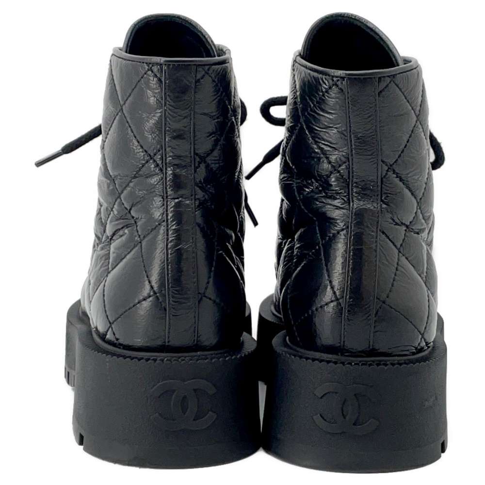 CHANEL Combat Boots Matelasse BlackG45833 Lambskin Size 38C