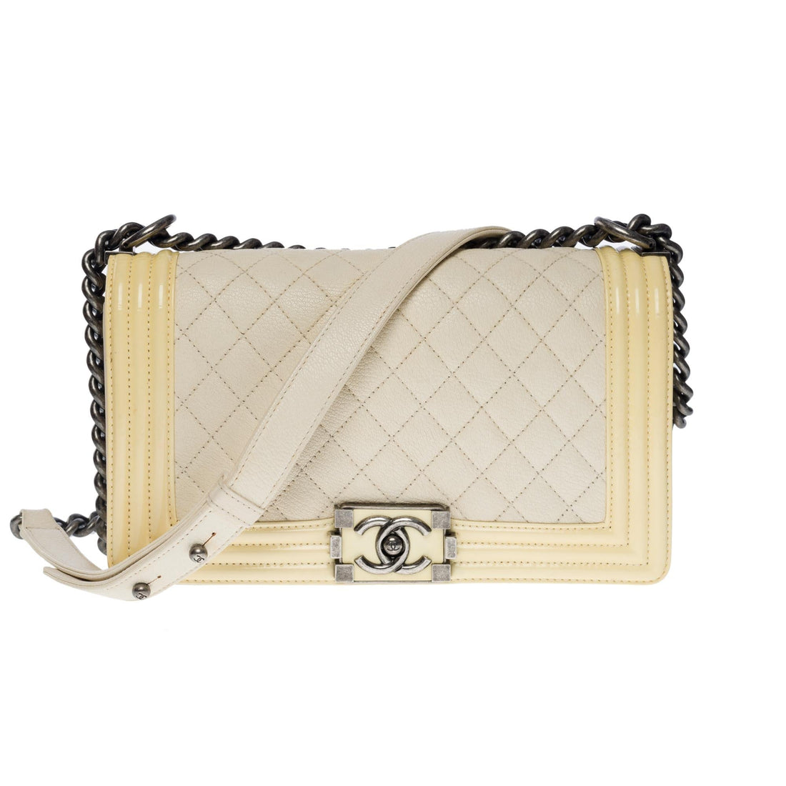 Top Quality Chanel Boy medium shoulder bag in beige caviar & Yellow patent leather, SHW