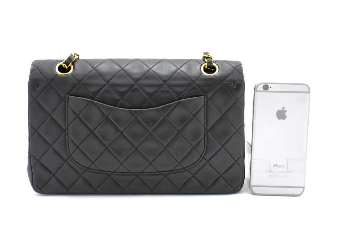 CHANEL Classic Double Flap 10" Chain Shoulder Bag Black Lambskin i68