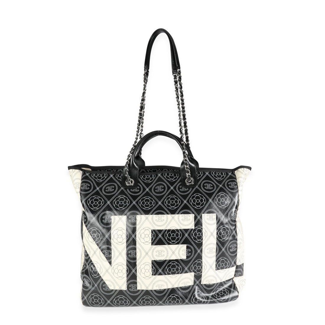 Top Quality Chanel Black and Beige Coated Canvas and Leather Camellia & CC Print Shopper Tot