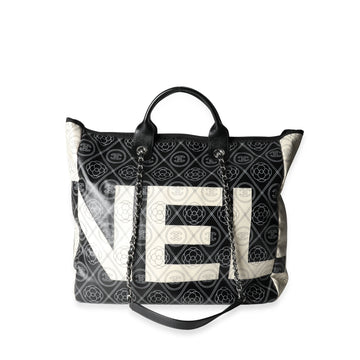 Top Quality Chanel Black and Beige Coated Canvas and Leather Camellia & CC Print Shopper Tot