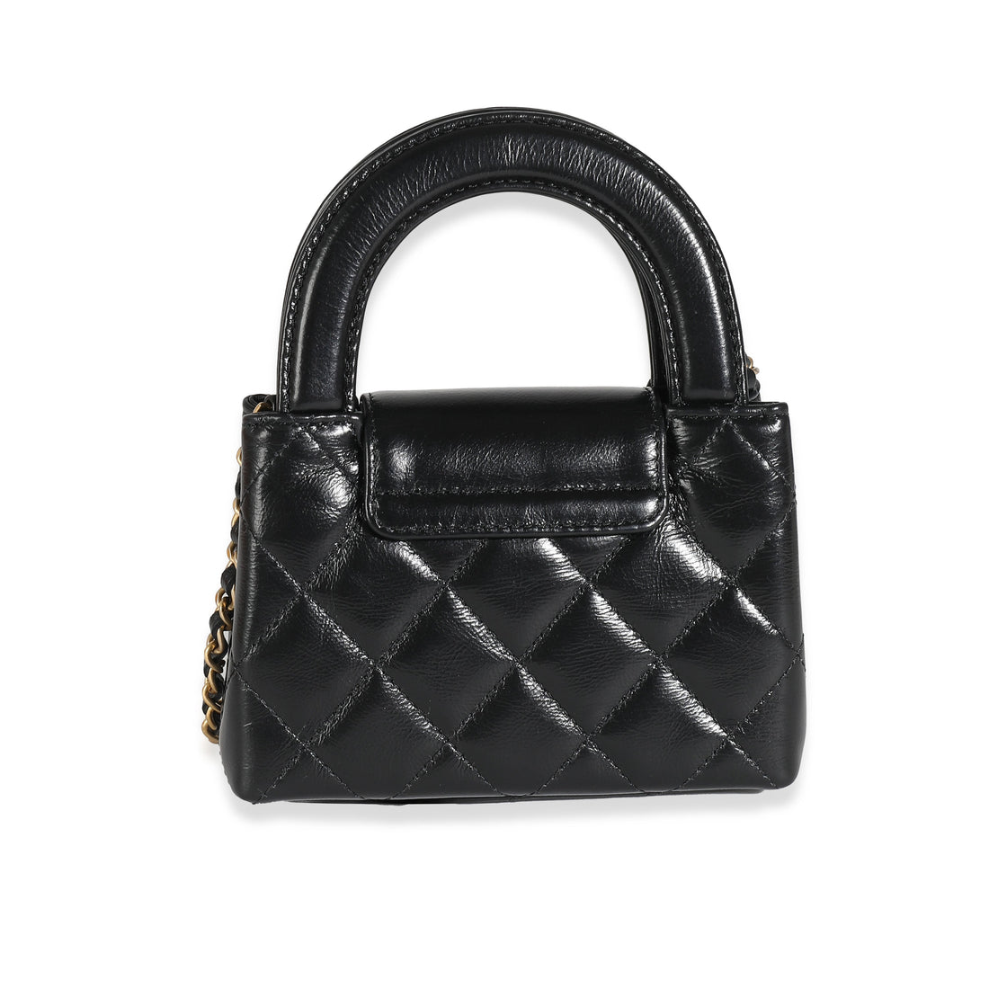 Top Quality Chanel 24P Black Quilted Shiny Aged Calfskin Mini Nano Kelly Shopper