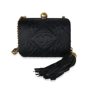 Top Quality Chanel Black Quilted Satin CC Tassel Box Clutch