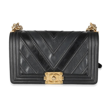 Top Quality Chanel Black Calfskin Caviar In The Mix Chevron Old Medium Boy Bag