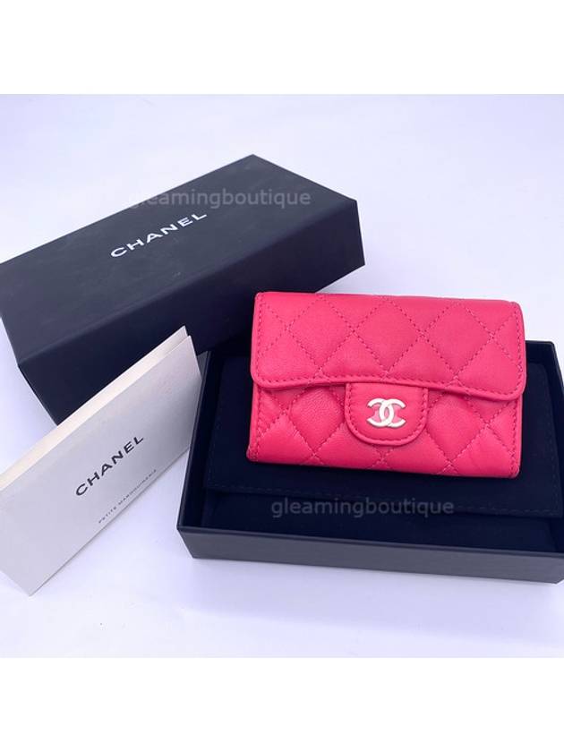 Gold Hardware CC Logo Classic Lambskin Flap Card Wallet Red Champagne Chanel