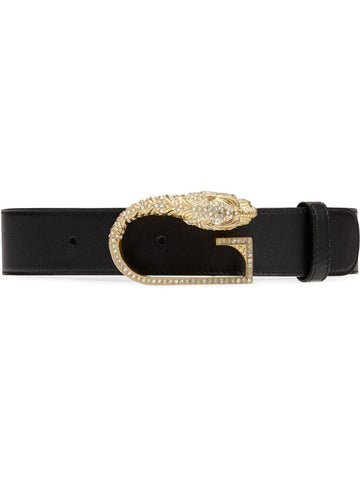 Gucci - crystal detail logo buckle belt - women - Leather/Crystal - 65, 70, 75, 80, 85 - Black
