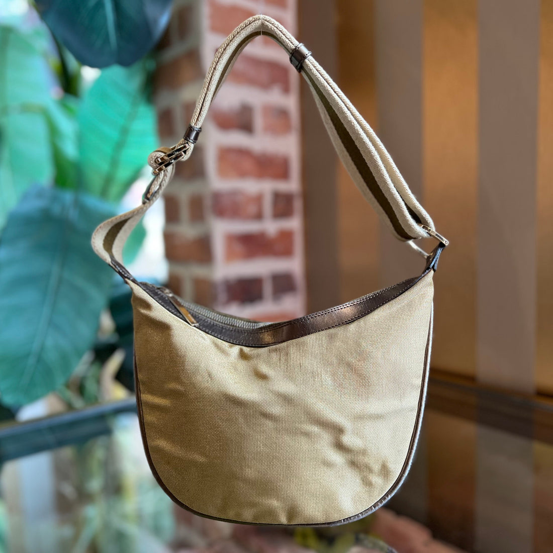 GUCCI Metallic Gold Canvas Leather  Shoulder Bag