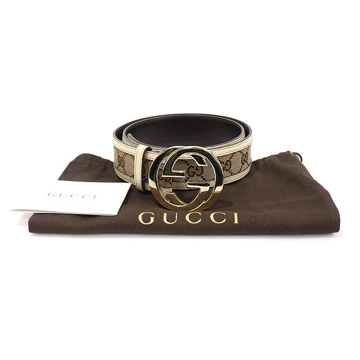Gucci Interlocking G Buckle Jacquard Belt in GG Logo Gold Tone Unisex 85 142773571