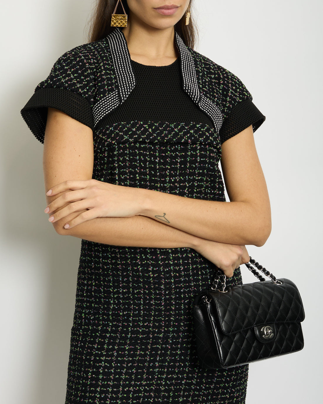 Top Quality Chanel Black, Green and Pink Tweed Midi Dress with Mesh Inserts Size FR 36 (UK 8)