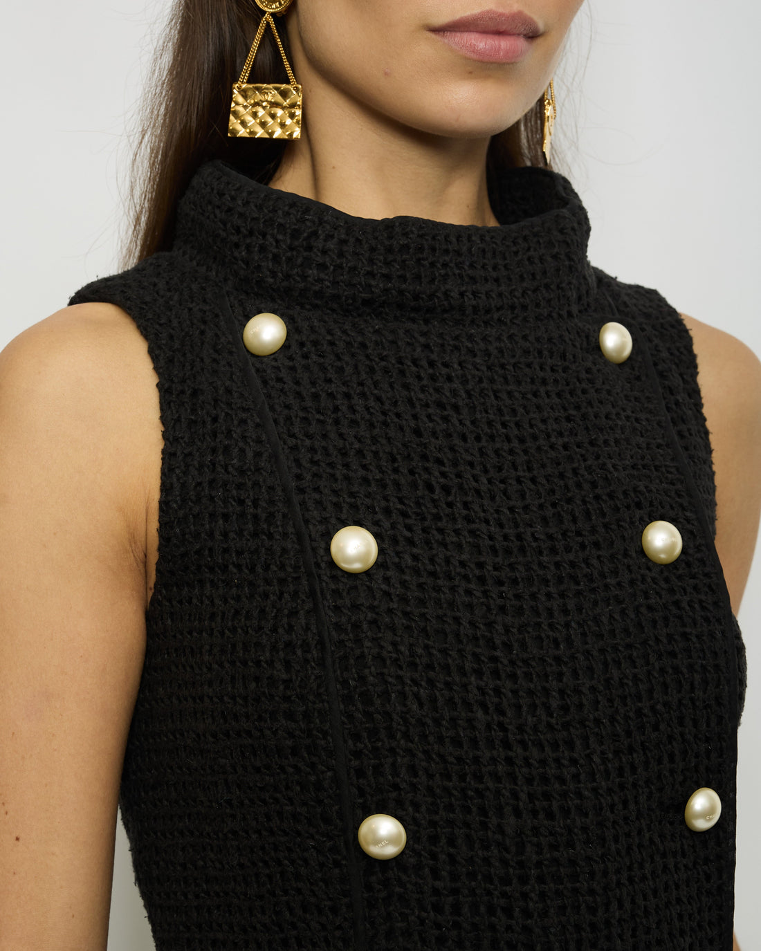 Top Quality Chanel Black Crochet Sleeveless Dress with Pearl Button Detail Size FR 36 (UK 8)