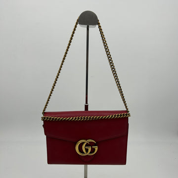 Gucci Red Leather GG Marmont Wallet On Chain Mini