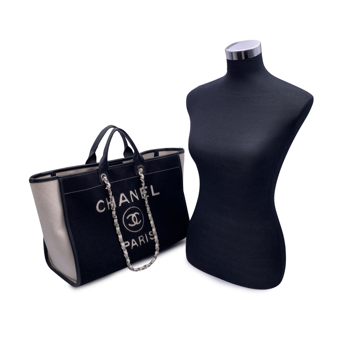 Top Quality Chanel Black And White Felt Wool Large Deauville Tote Shoulder Bag