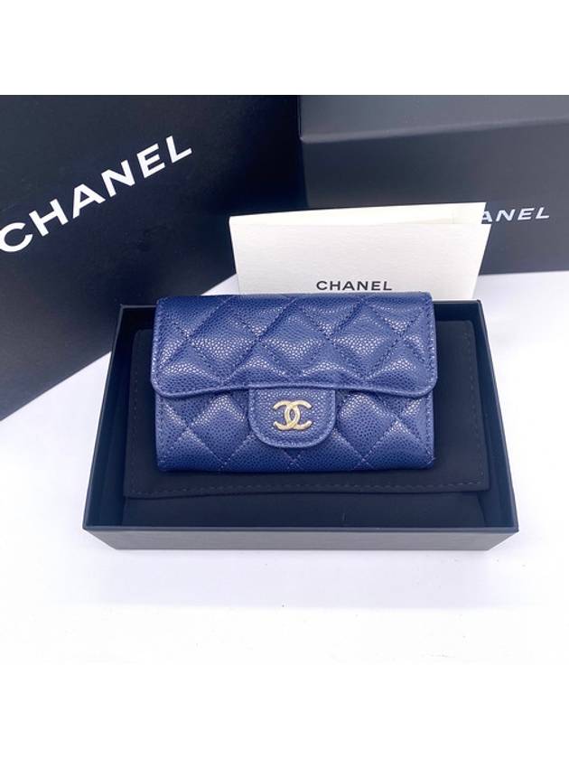 Classic Gold Logo Grained Shiny Calfskin Card Wallet Navy Chanel