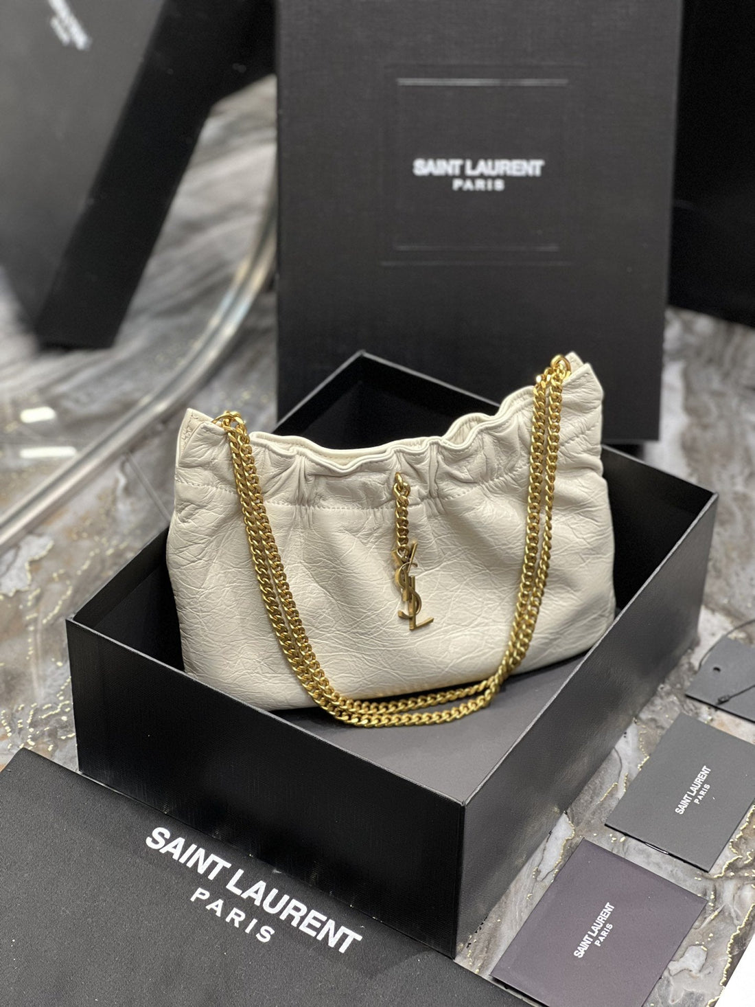 Yves Saint Laurent Hobo Mini Bag White With Bronze Toned Hardware
