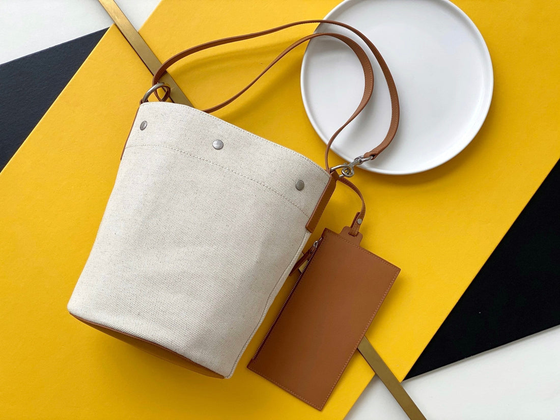 Yves Saint Laurent Rive Gauche Bucket Bag In Linen With Brown Strap