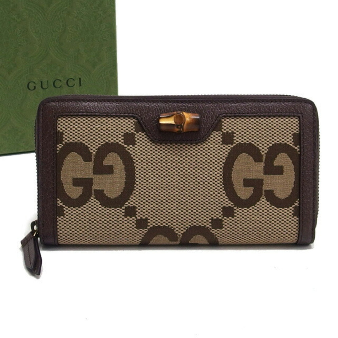 Gucci Beige Dark Brown Canvas Leather Long Wallet (Bi-Fold)