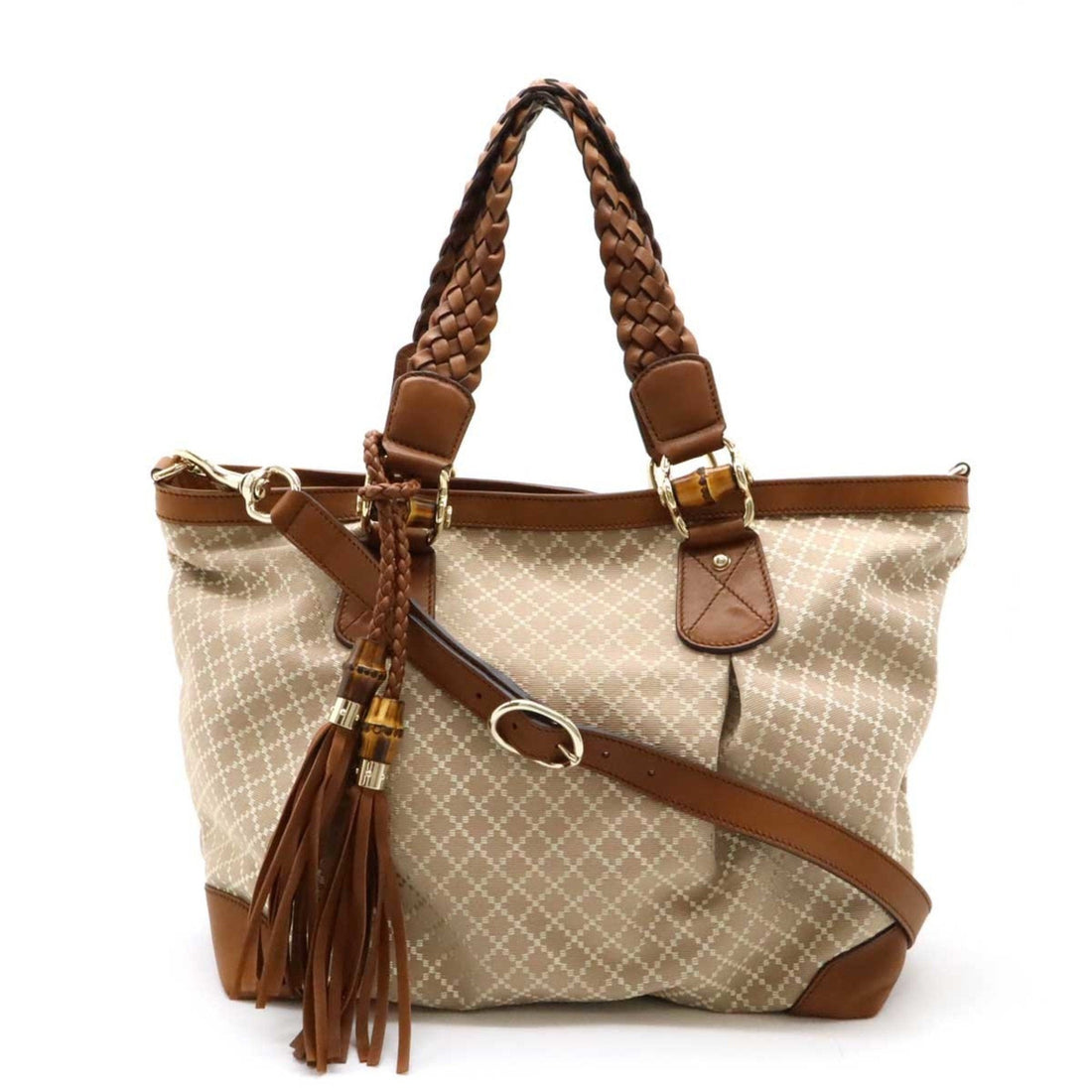 Gucci Beige Brown Bamboo Canvas Leather Shoulder Bag Tote Bag