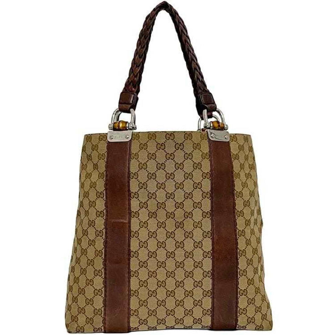 Gucci Beige Brown Canvas Leather Tote Bag