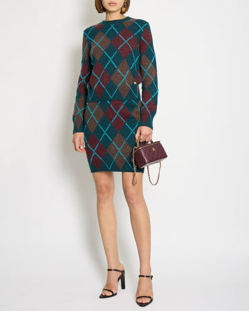 Top Quality Chanel 24Y Petroleum Blue, Burgundy & Brown Two-Piece Cashmere Jumper and Skirt Set with CC Crystal Logo Detail FR 34/36 (UK 6/8)