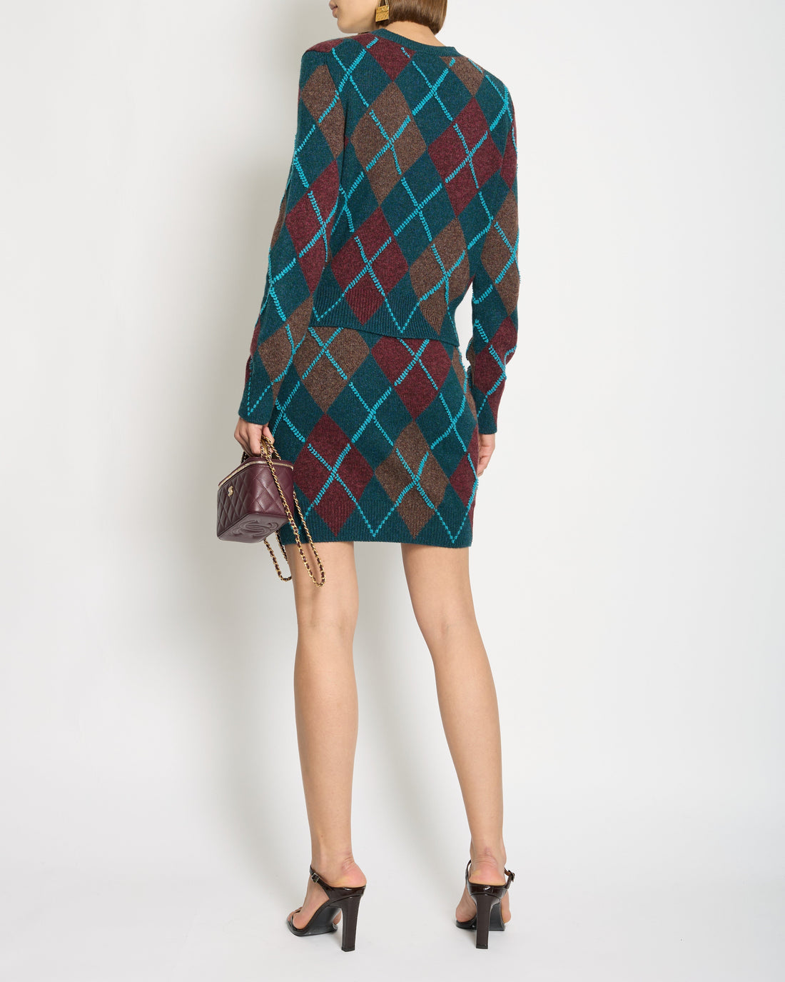 Top Quality Chanel 24Y Petroleum Blue, Burgundy & Brown Two-Piece Cashmere Jumper and Skirt Set with CC Crystal Logo Detail FR 34/36 (UK 6/8)