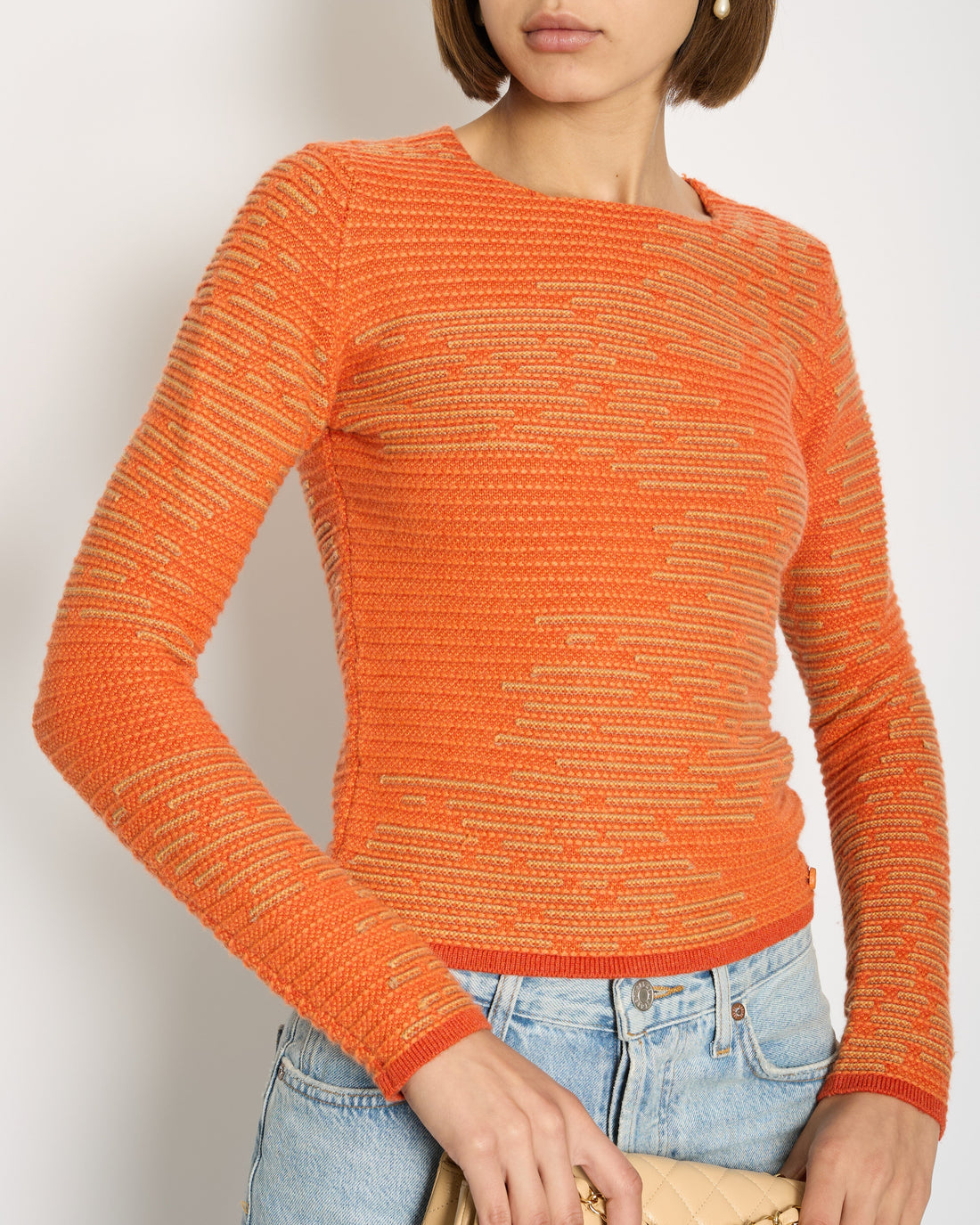 Top Quality Chanel 14K Carrot Orange Cashmere Jacquard Jumper with CC Detail Size FR 34 (UK 6) RRP ¬£1960