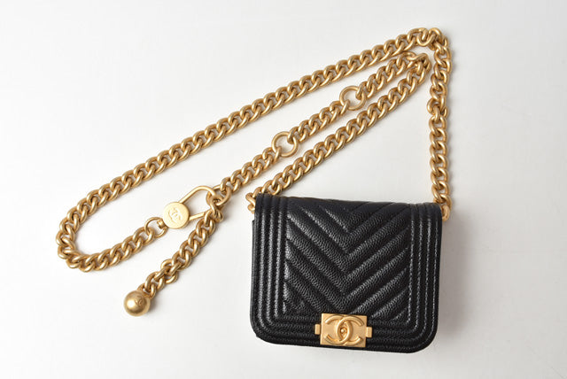 Top Quality Chanel Boy Belt Bag Coin Case Chain Pouch Black Gold Hardware