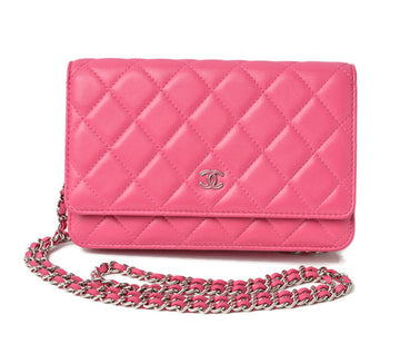 Top Quality Chanel Lambskin Chain Wallet Shoulder Bag Pink Silver Hardware