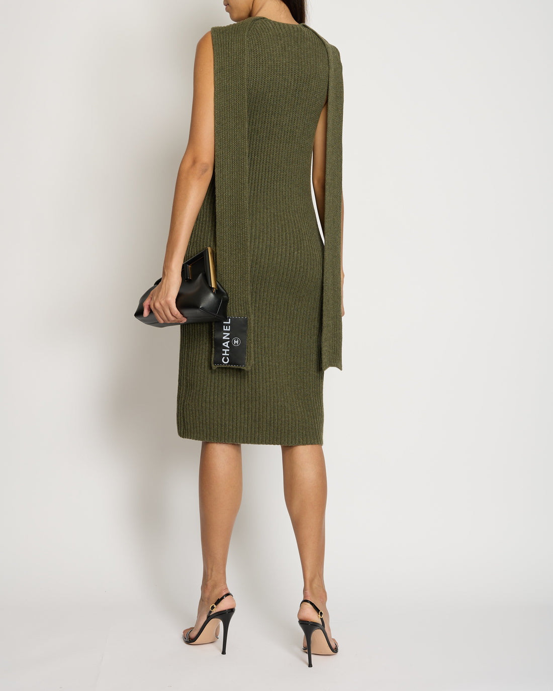 Top Quality Chanel 08/C Khaki Knitted Maxi Dress with Logo Neck Tie Detail FR 38 (UK 10)