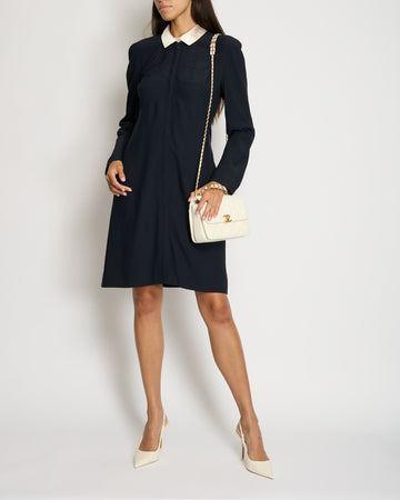 ** Top Quality Chanel 97/A Navy Long Sleeve Midi Dress with Detachable Collar Detail FR "Petit" (UK 12)