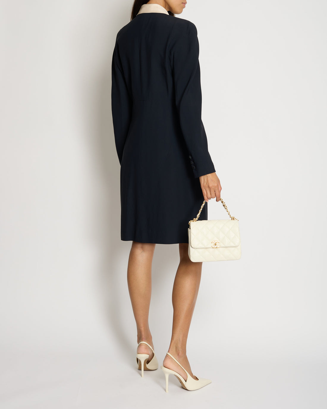 ** Top Quality Chanel 97/A Navy Long Sleeve Midi Dress with Detachable Collar Detail FR "Petit" (UK 12)