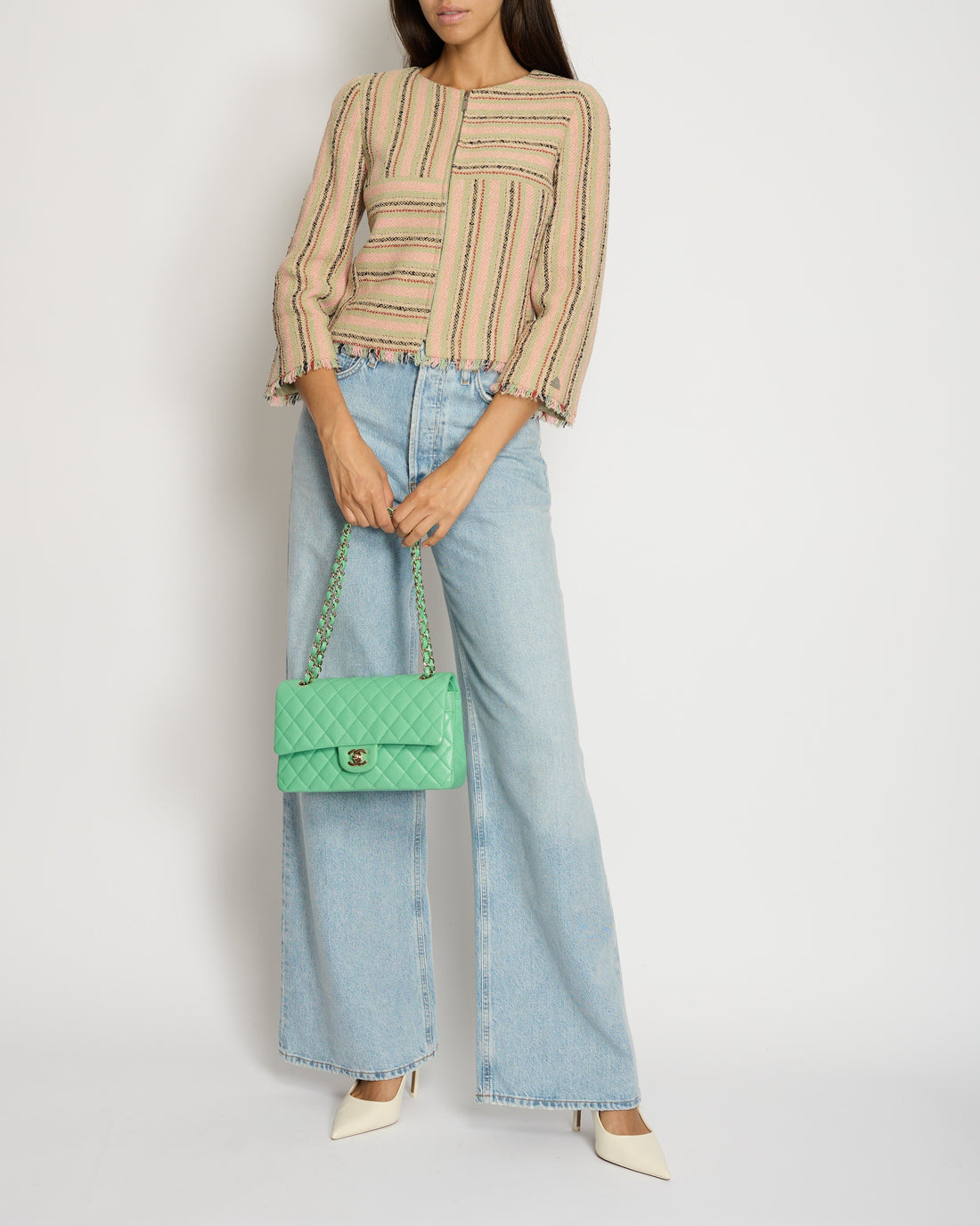 Top Quality Chanel 00/C  Pink, Green Beige Round Neck Long Sleeve Striped Jacket FR 34 (UK 6)