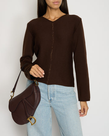 Top Quality Chanel 99/A Brown V Neck Knitted Jumper with Gold Stitch Detail FR 38 (UK 10)