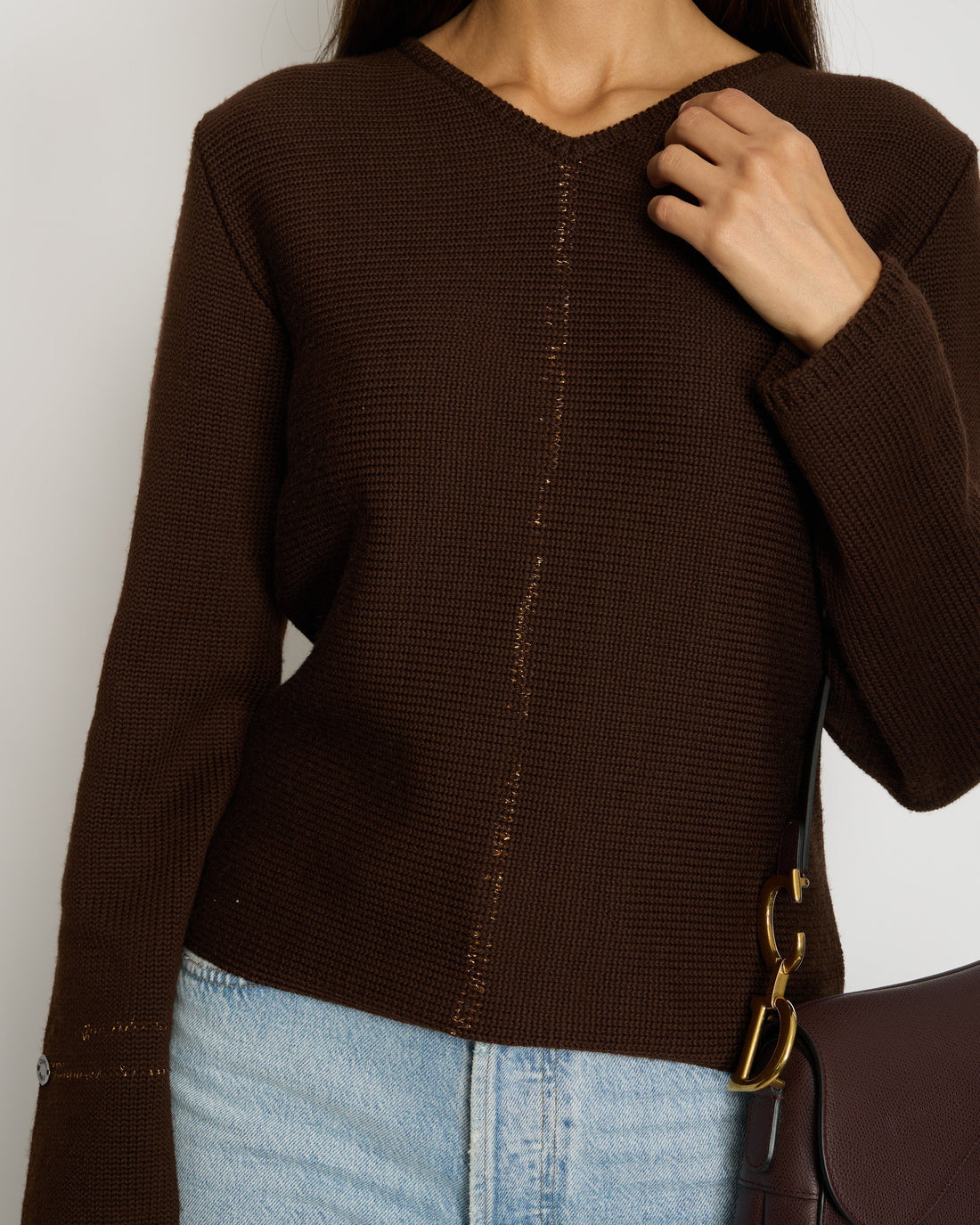 Top Quality Chanel 99/A Brown V Neck Knitted Jumper with Gold Stitch Detail FR 38 (UK 10)