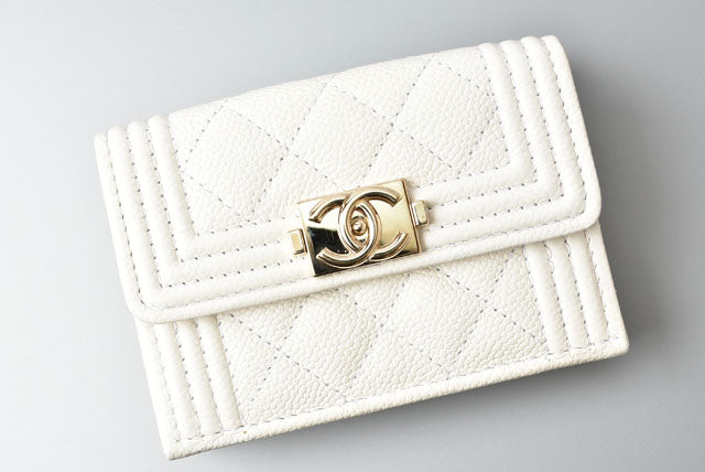 Top Quality Chanel Caviar Skin Boy Top Quality Chanel Mini Wallet Off White Gold