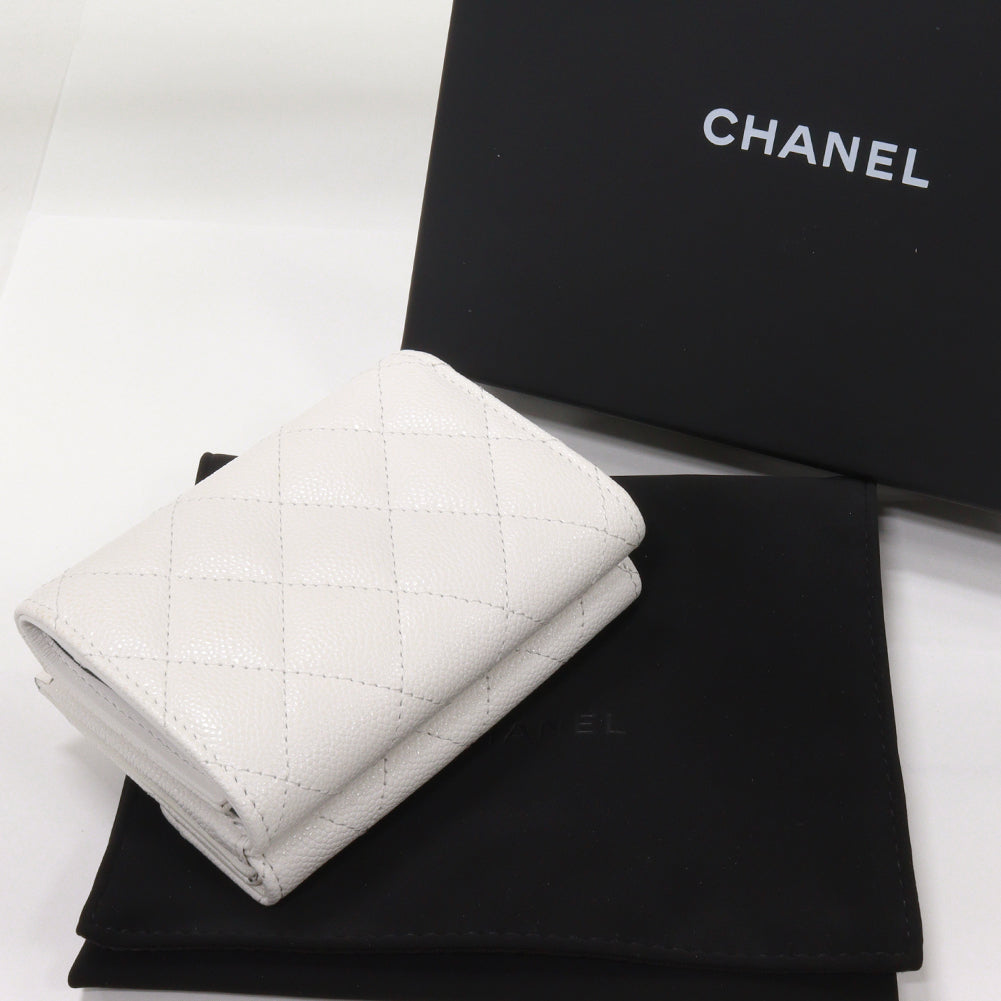 Top Quality Chanel Trifold Wallet Classic Small Flap Grained Shiny Calfskin White Gold AP0230