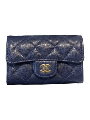 Classic Gold Logo Grained Shiny Calfskin Card Wallet Navy Chanel