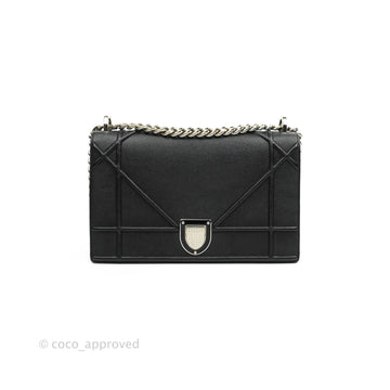 Christian Dior Diorama Medium Flap Shoulder Bag Black Grained Leather Silver Hardware