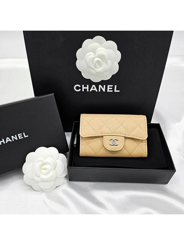 Classic Silver Logo Quilted Caviar Card Wallet Beige Chanel