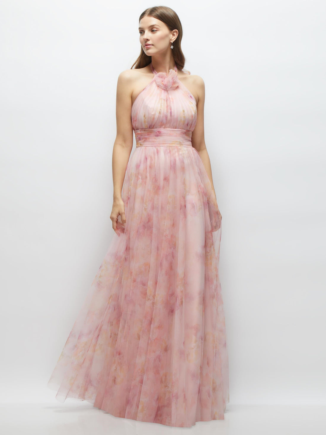 Floral Tie-Back Halter Tulle Dress with Long Full Skirt & Rosette Detail
