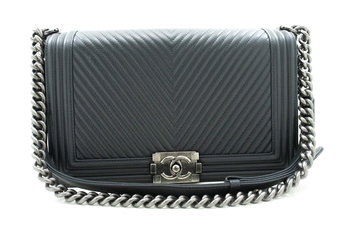 Top Quality Chanel Boy Dark Gray V-Stitch Chain Shoulder Bag Quilted New
