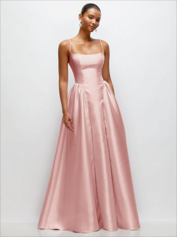 Scoop Neck Drop Basque Skirt Satin Maxi Dress with Pockets