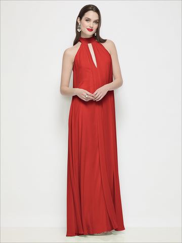 Slip-On Shirred Chiffon Trapeze Halter Dress