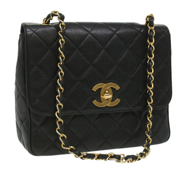 Top Quality Chanel Big Matelasse Turn Lock Shoulder Bag Caviar Skin Black CC Auth 32155A